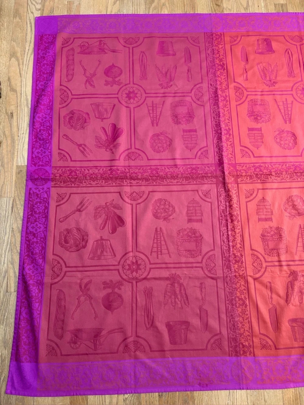 Le Jacquard Francais Primrose Bordier Tablecloth 62 x 58”Magenta Wine Terracotta